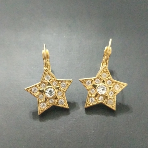 Gold Tone Star Shape Clear Rhinestone Statement Earrings - Picture 1 of 2